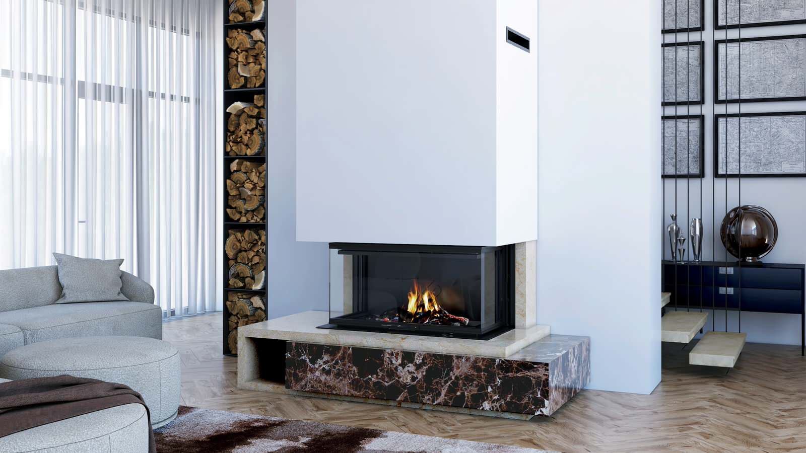 Топки серии 3VF 1000 (Stav). Трёхсторонние дровяные камины.