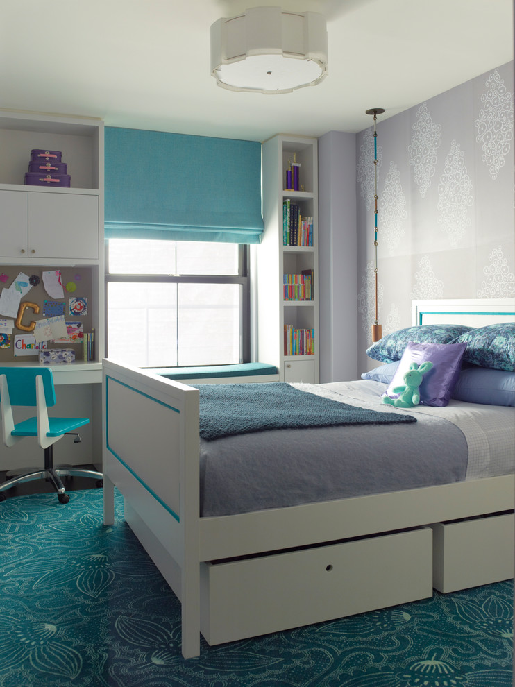 Transitional kids' bedroom in New York with purple walls for kids 4-10 years old and girls.