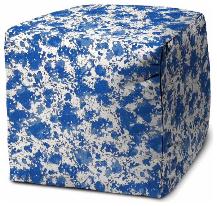 17" Blue and White Polyester Cube Abstract Indoor Outdoor Pouf Ottoman