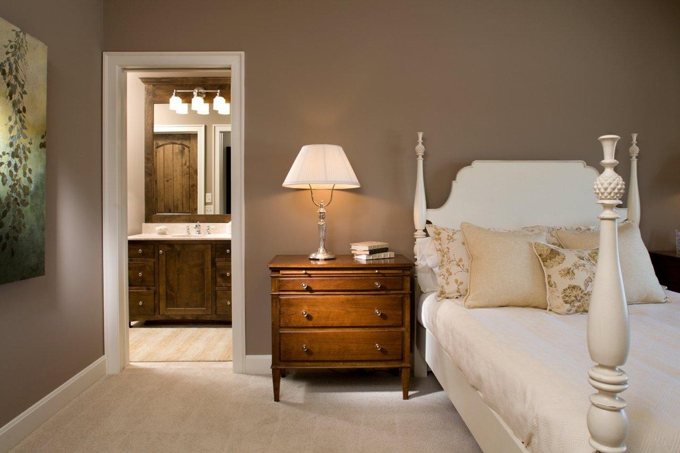 Photo of a traditional bedroom in Minneapolis with grey walls and carpet.