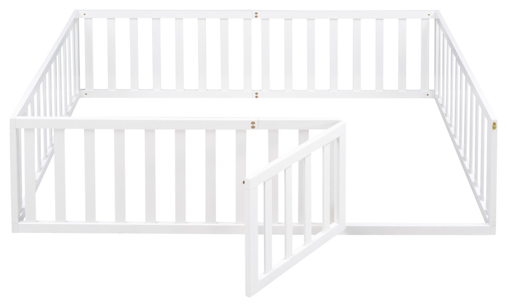 Gewnee Wood Full Size Toddler Bed with Fence and Door in White