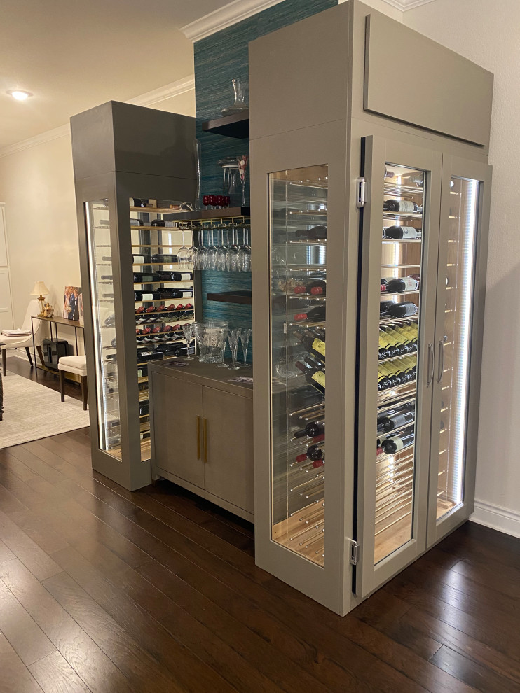 Design ideas for a large modern wine cellar in New York with display racks.