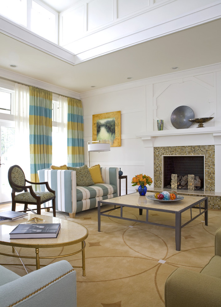 Photo of a contemporary family room in DC Metro with a tile fireplace surround.