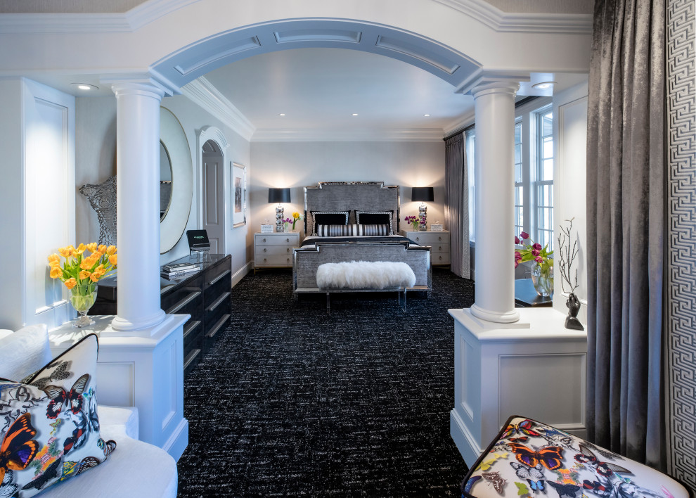 Ejemplo de habitación de invitados moderna grande con moqueta, suelo negro y papel pintado