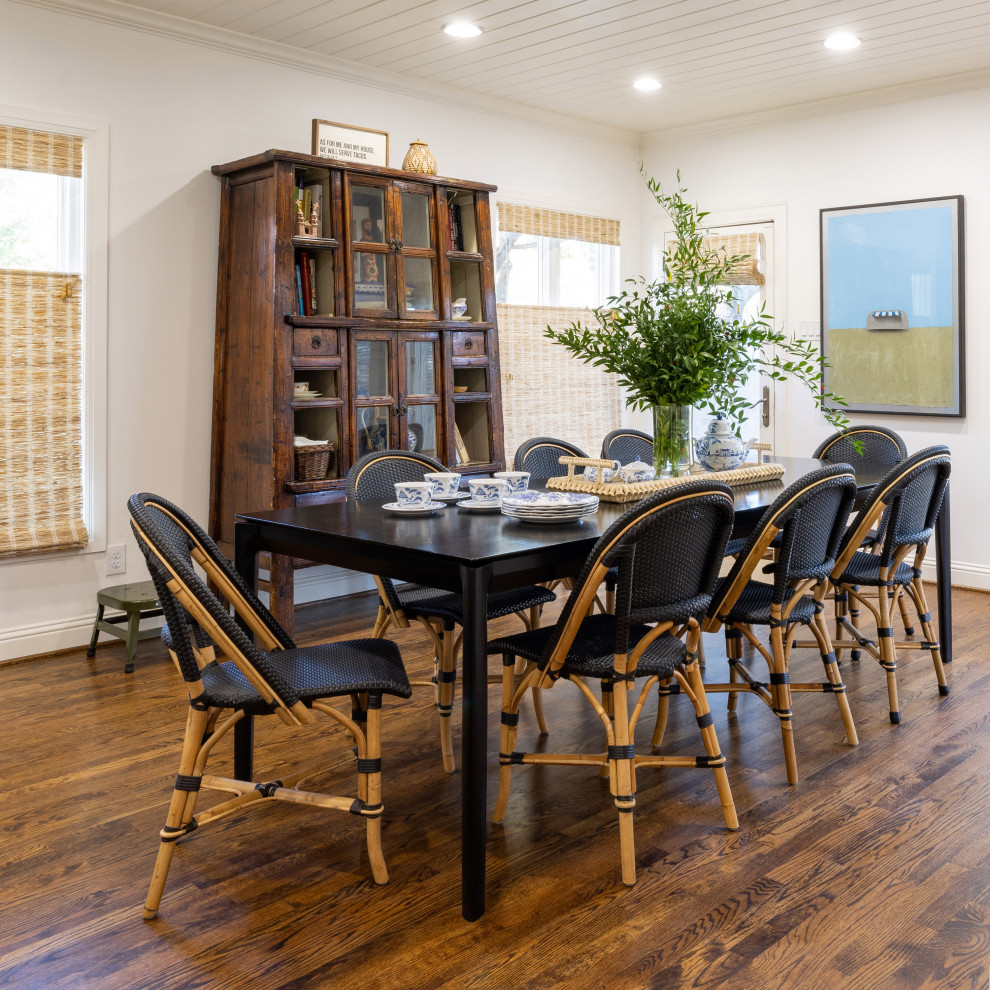 Kitchen/dining room combo - contemporary medium tone wood floor, brown floor and shiplap ceiling kitchen/dining room combo idea in Dallas with blue walls and no fireplace