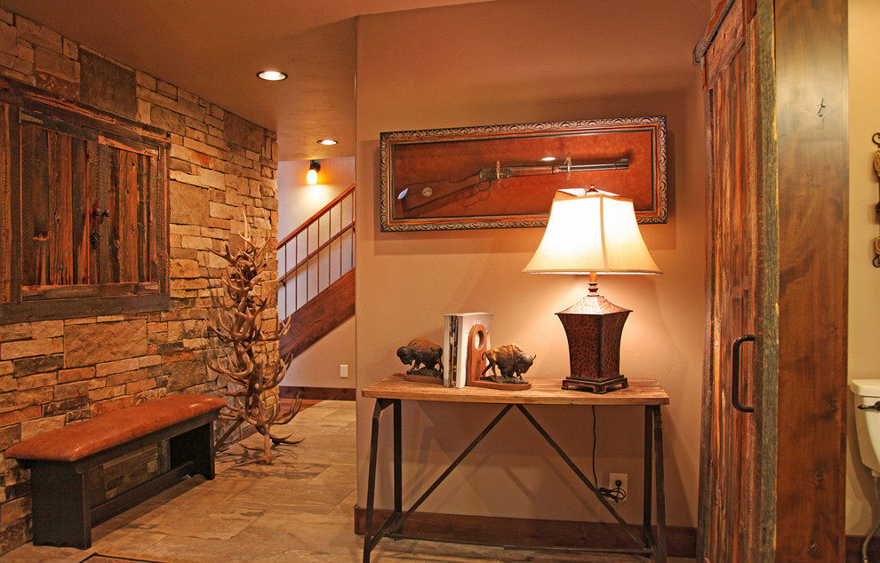 Mid-sized mountain style beige floor hallway photo with beige walls