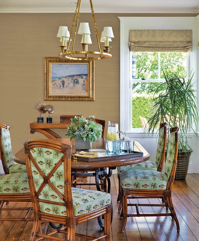 Inspiration for a mid-sized beach style separate dining room in Boston with beige walls, medium hardwood floors and no fireplace.