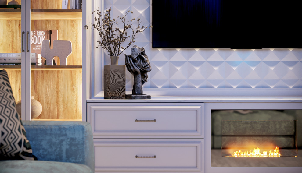 Мятная неоклассика. Кухня-гостиная в загородном доме.