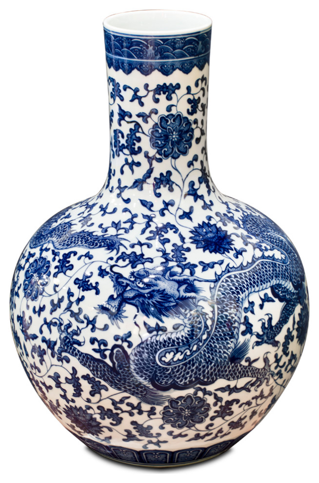 Blue and White Dragon Imperial Chinese Porcelain Temple Vase Asian