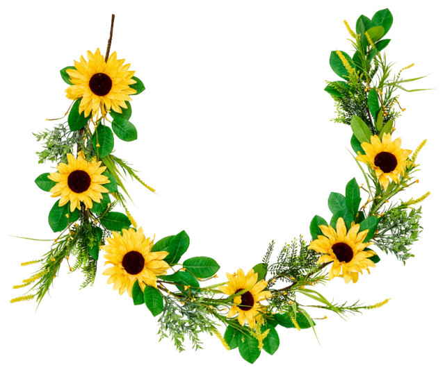 60" Sunflower And Green Leaves Garland Modern Wreaths And Garlands