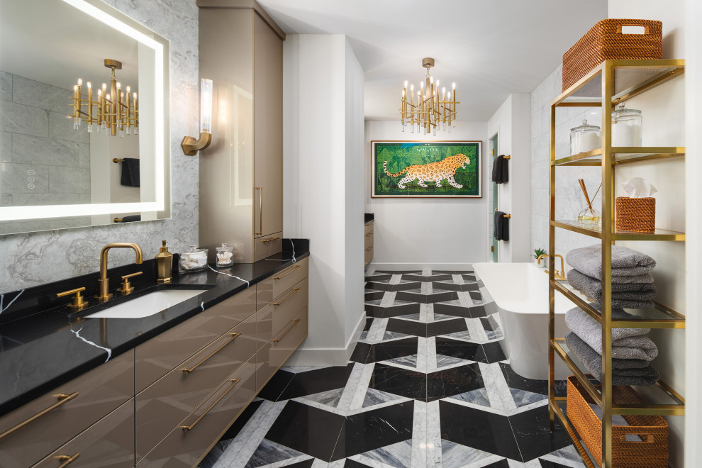 Inspiration for a large contemporary master bathroom in Kansas City with flat-panel cabinets, beige cabinets, multi-coloured tile, white walls, an undermount sink, engineered quartz benchtops, multi-coloured floor, a hinged shower door, black benchtops, a single vanity and a floating vanity.