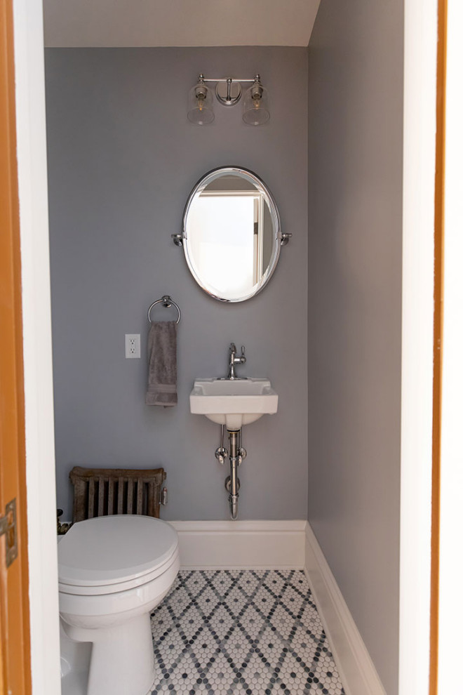 Cette image montre une salle de bain craftsman de taille moyenne avec WC séparés, un mur bleu, un sol en carrelage de terre cuite, un sol multicolore, meuble simple vasque et un lavabo de ferme.