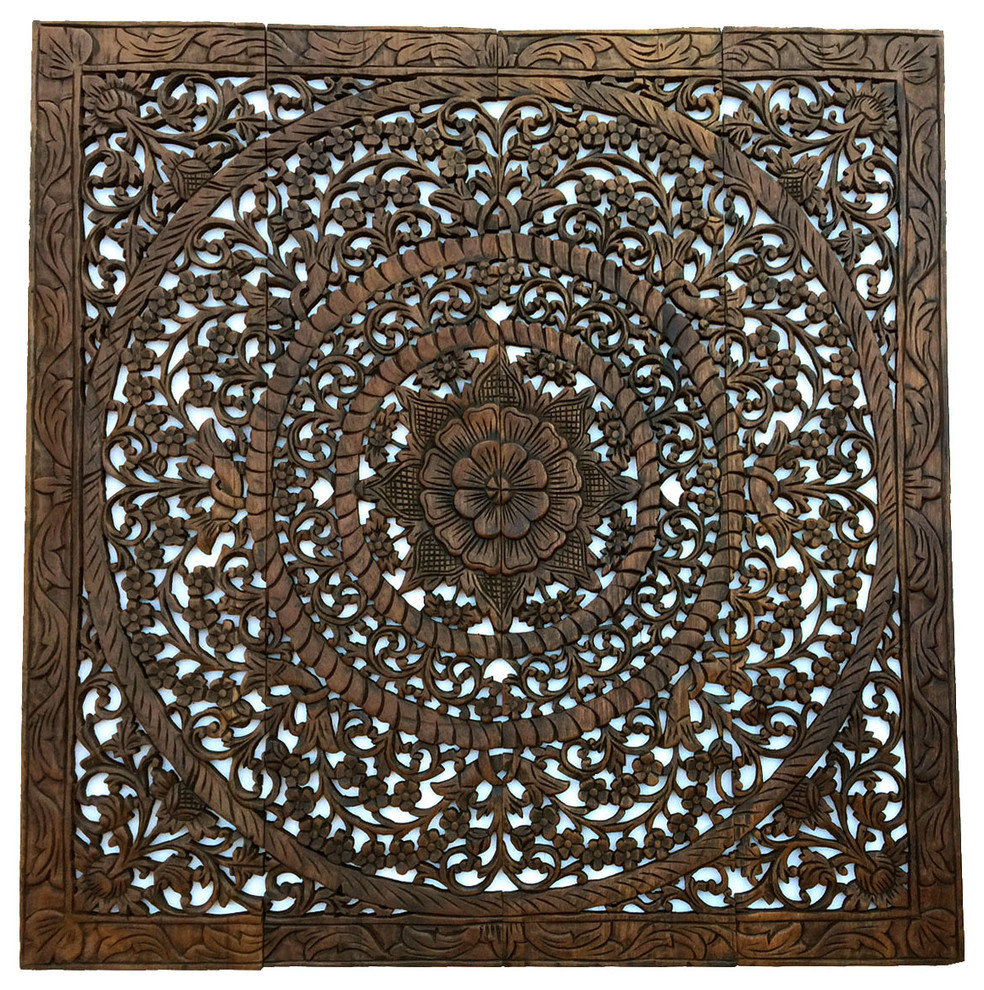 Elegant Asian Carved Wood Floral Wall Art Panel. Large Wood Wall