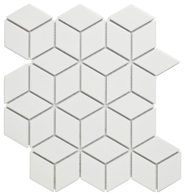 Glazed Porcelain Mosaic Tile Sheet Paris Rhombus Matte White, Set of 10 Sheets