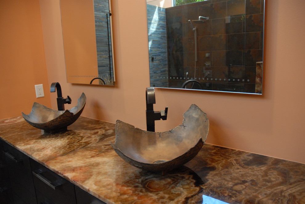 Eclectic master bathroom in Tampa with a vessel sink and an open shower.