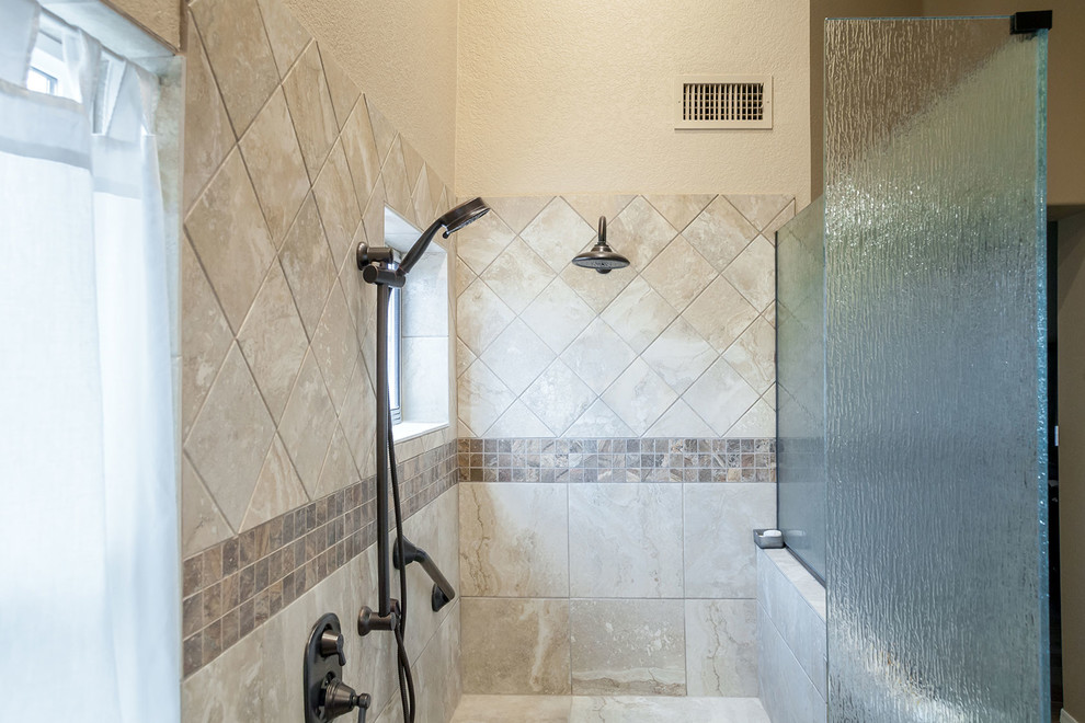 Mid-sized transitional master bathroom in Phoenix with recessed-panel cabinets, medium wood cabinets, a corner shower, a one-piece toilet, beige tile, porcelain tile, beige walls, laminate floors, an undermount sink, granite benchtops, brown floor and an open shower.