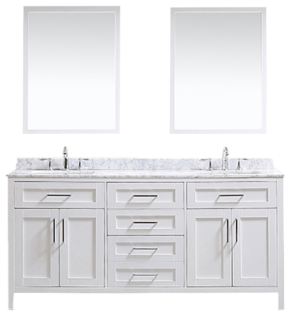 Ove Tahoe 72" Vanity, White, Carrera Marble Vanity Top And Mirrors