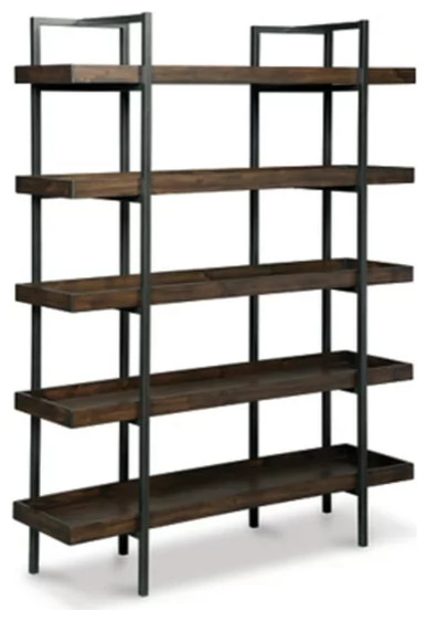 Industrial Bookcase, Black Metal Frame With Rectangular Open Shelves, Brown