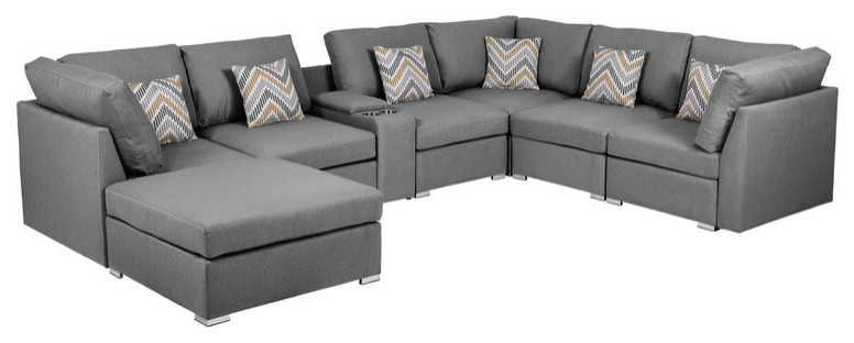 Amira Gray Fabric Reversible Sectional Sofa with USB Storage Console Cupholders