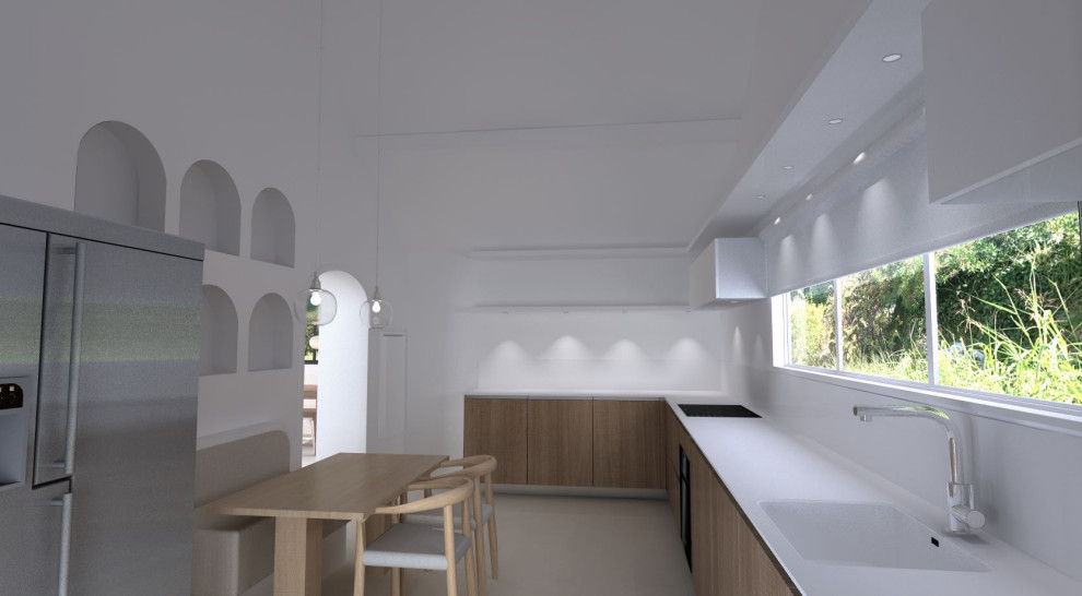 Photo of a large mediterranean l-shaped kitchen in Nice with an integrated sink, light wood cabinets, quartzite benchtops, white splashback, panelled appliances, ceramic floors, beige floor and white benchtop.