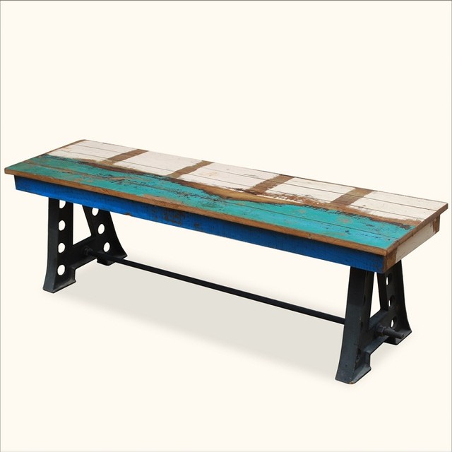 Rustic Solid Teak Wood & Industrial Wrought Iron Bench Outdoor Patio Furniture