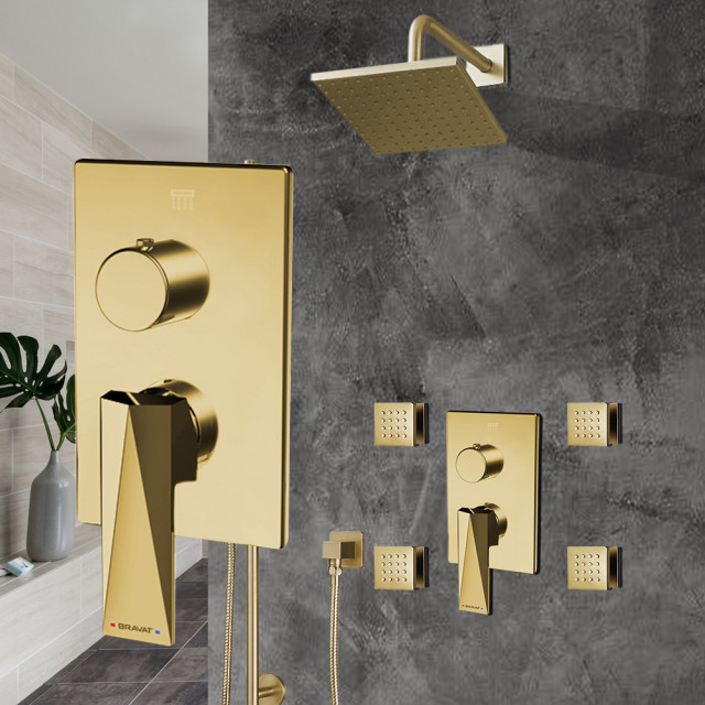 Bravat Brushed Gold Square Shower Set, Valve Mixer 3-Way Concealed Wall ...