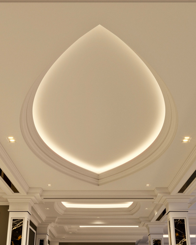 На фото: коридор с мраморным полом, белым полом, кессонным потолком и панелями на части стены