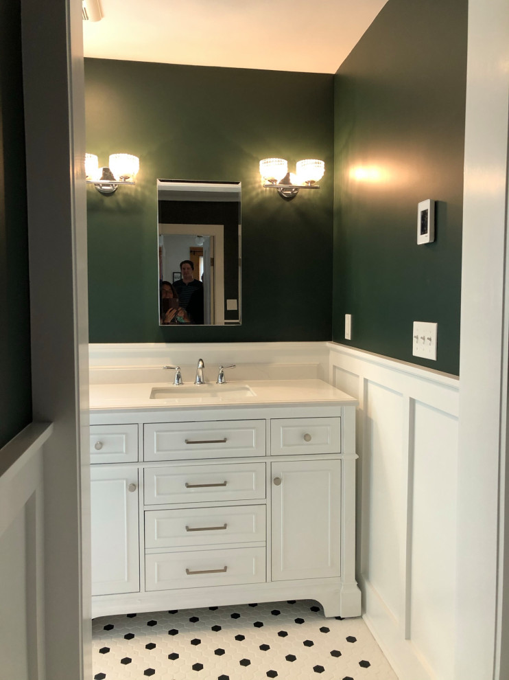 Bathroom - small traditional kids' mosaic tile floor, white floor and single-sink bathroom idea in Bridgeport with white cabinets, green walls, an integrated sink, granite countertops and a freestanding vanity