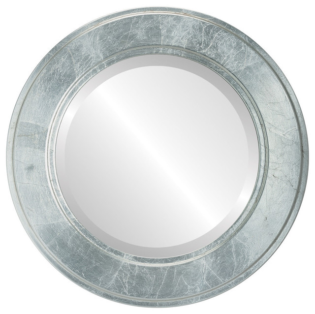 Montreal Framed Round Mirror in Silver Leaf with Brown Antique Contemporary Wall Mirrors