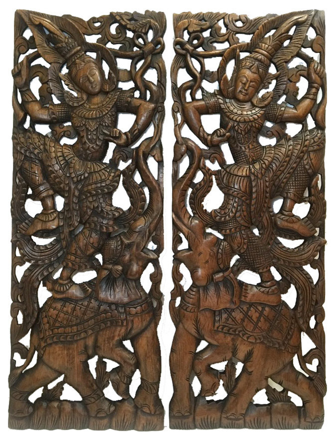 Large Carved Wood Panel Oriental Home Decor Set Of 2 Asian Wall Accents By Asiana Home Decor