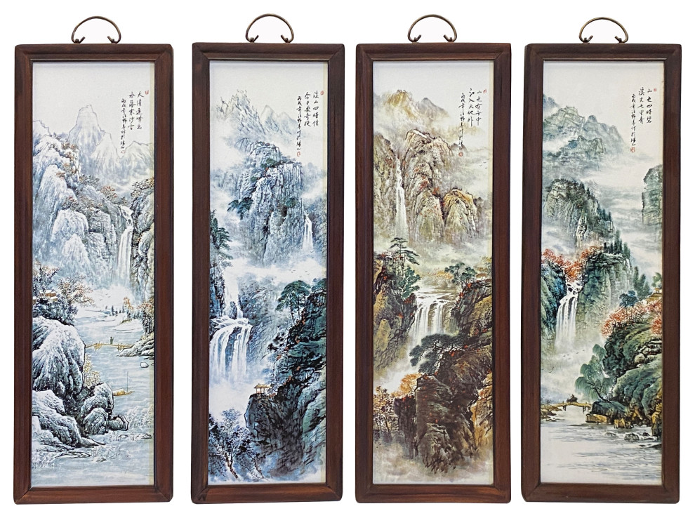 Chinese Mountain Water Scenery Porcelain Color Painting Wall Panel Set Hws1953