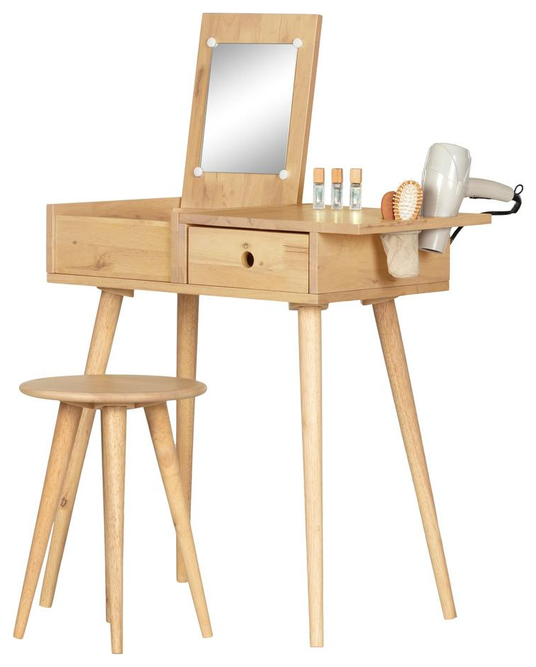 Sweedi Solid Wood Vanity Table with Stool Set, Natural Wood
