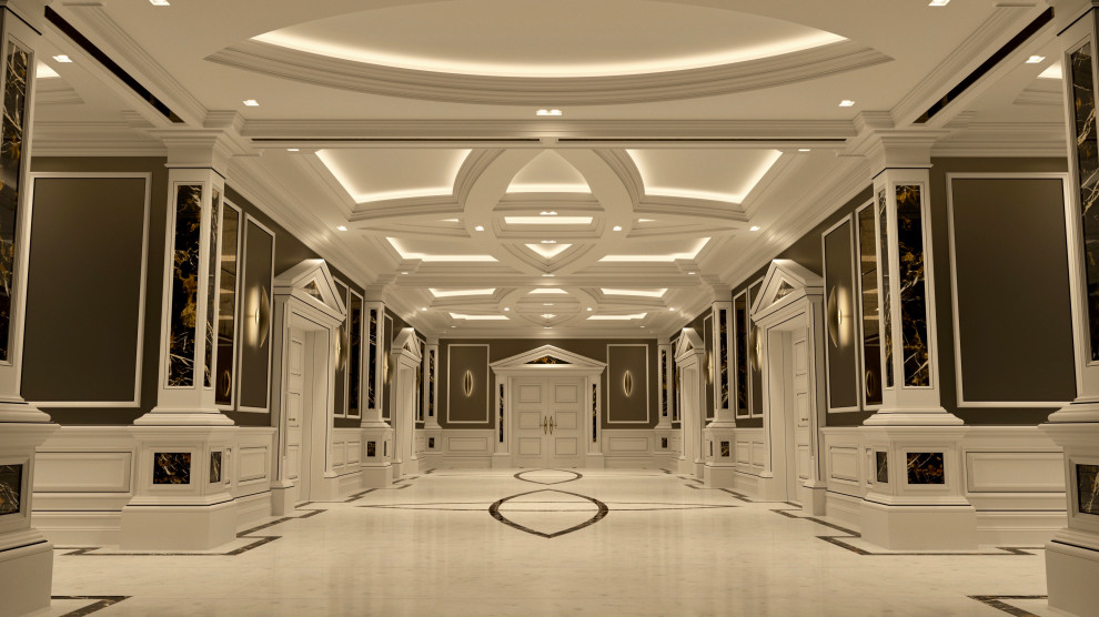 Aménagement d'un couloir avec un sol en marbre, un sol blanc, un plafond à caissons et du lambris.
