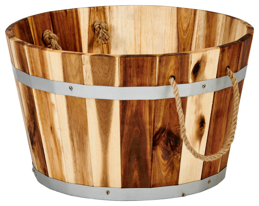 11" Natural Acacia Wood Barrel Planter With Rope Handles