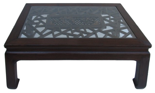 Chinese Rectangular Carved Panel Glass Coffee Table