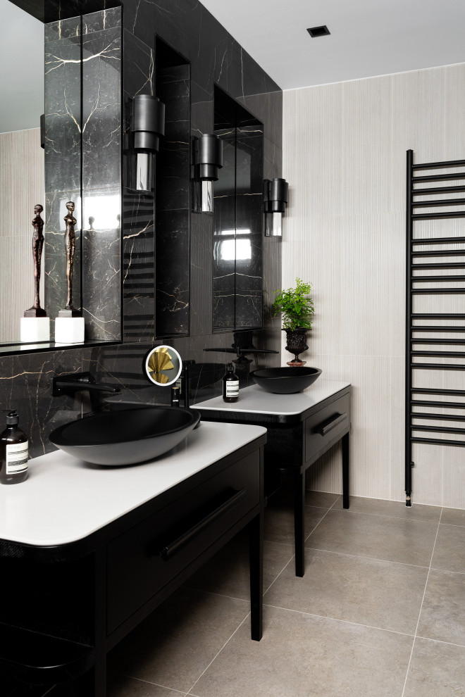Contemporary master bathroom in Melbourne with flat-panel cabinets, black cabinets, beige walls, a vessel sink, grey floor, white benchtops, a double vanity and a built-in vanity.