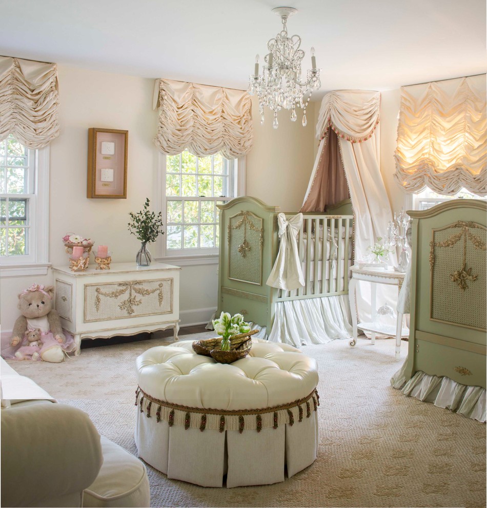 Inspiration for a large traditional nursery for girls in New York with beige walls, carpet and beige floor.