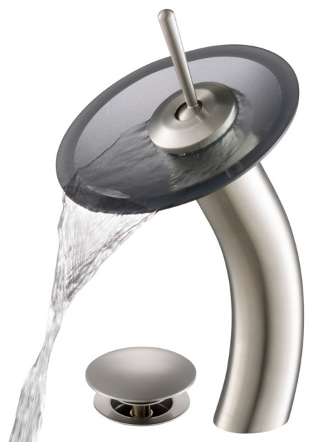 Glass Waterfall Vessel Bathroom Faucet Satin Nickel w Drain, Frost Black Glass