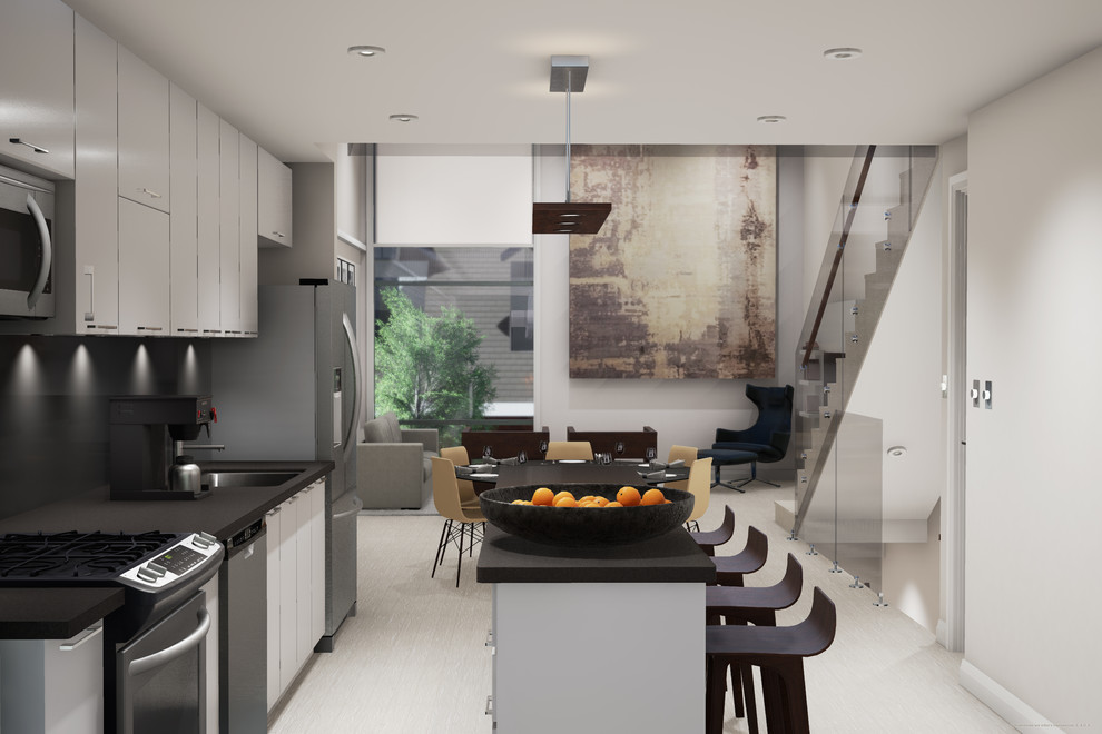 Large modern single-wall eat-in kitchen in Toronto with a single-bowl sink, flat-panel cabinets, white cabinets, quartz benchtops, black splashback, glass sheet splashback, stainless steel appliances, painted wood floors, with island and white floor.