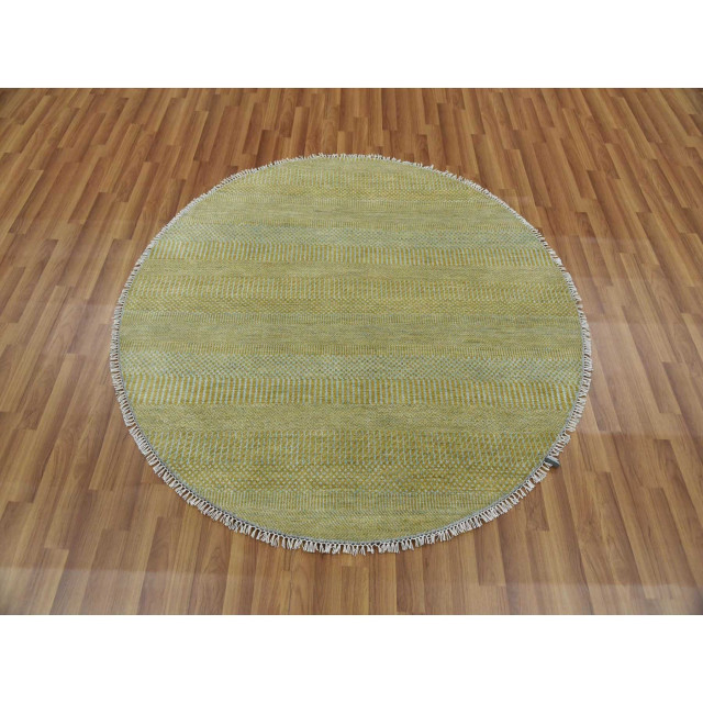 Olive Green, Wool and Silk Hand Knotted, Grass Design, Round Rug, 5'0