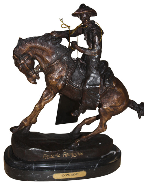 Remington Cowboy On Marble Bronze Statue Southwestern Decorative