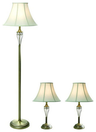 Antique Brass 3-Pack Lamp Set, 2 Table Lamps, 1 Floor Lamp