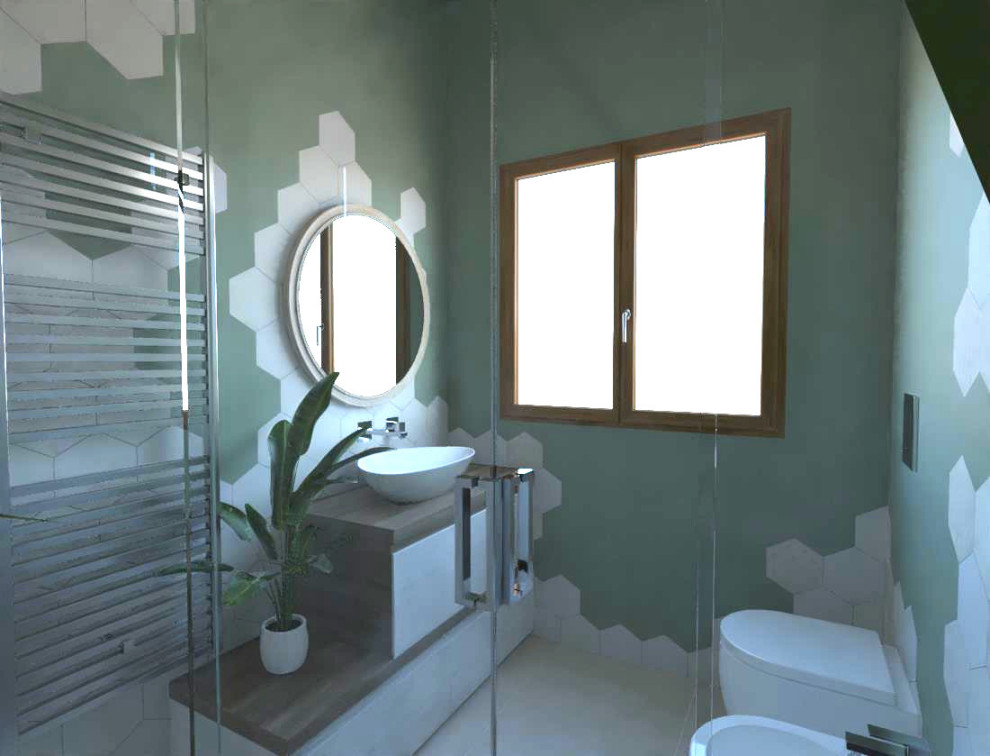 На фото: маленькая ванная комната в классическом стиле с фасадами островного типа, бежевыми фасадами, душем без бортиков, серой плиткой, удлиненной плиткой, разноцветными стенами, мраморным полом, душевой кабиной, настольной раковиной, столешницей из дерева, розовым полом, душем с раздвижными дверями, коричневой столешницей, тумбой под одну раковину, подвесной тумбой и деревянным потолком для на участке и в саду с