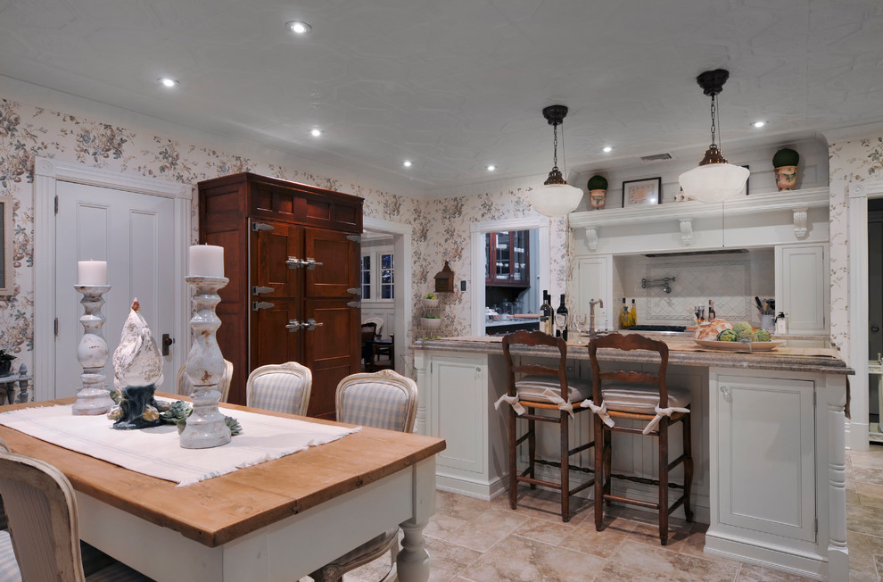 Design ideas for a large traditional kitchen in New York with beaded inset cabinets, white cabinets, granite benchtops, white splashback, ceramic splashback, stainless steel appliances, porcelain floors and with island.