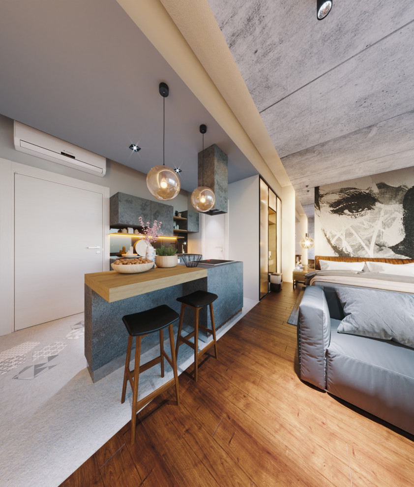 Idées déco pour une petite chambre mansardée ou avec mezzanine moderne avec un mur gris, sol en stratifié, aucune cheminée, un sol marron et un plafond en bois.