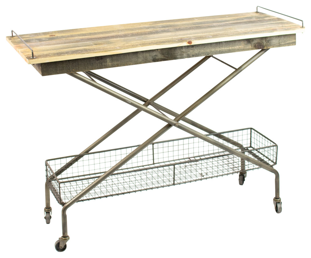 Multipurpose Recycled Wood Rolling Console Table Cart Metal Industrial Wheels Industrial