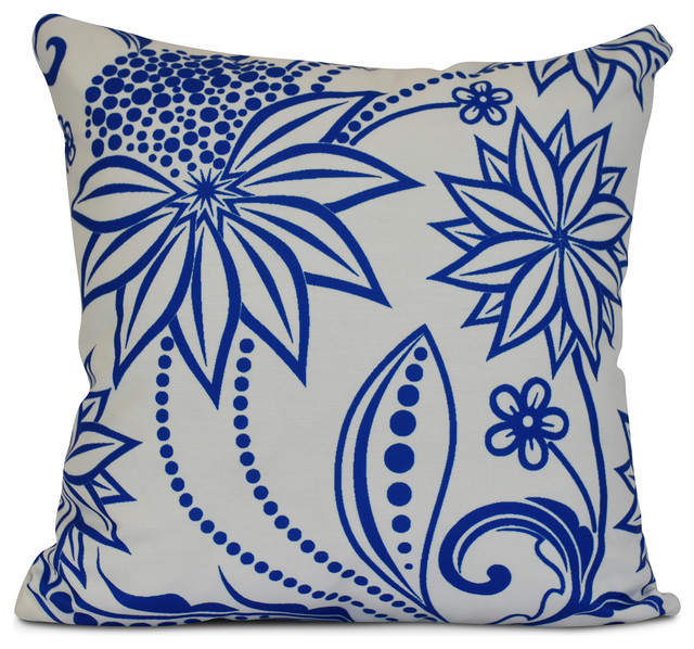 16x16" Floral Outdoor Pillow, Blue Contemporary Outdoor Cushions