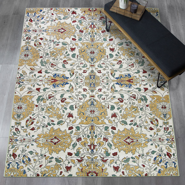 Traditional Floral Cream Washable Stain Resistant Area Rug Size 5' x 7' Traditional Area