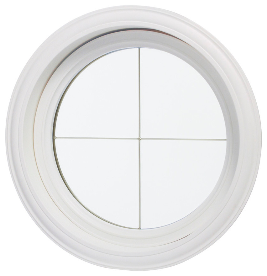 24.5x24.5 Round Geometric Vinyl Window, Platinum Cross Design, Clear Glass
