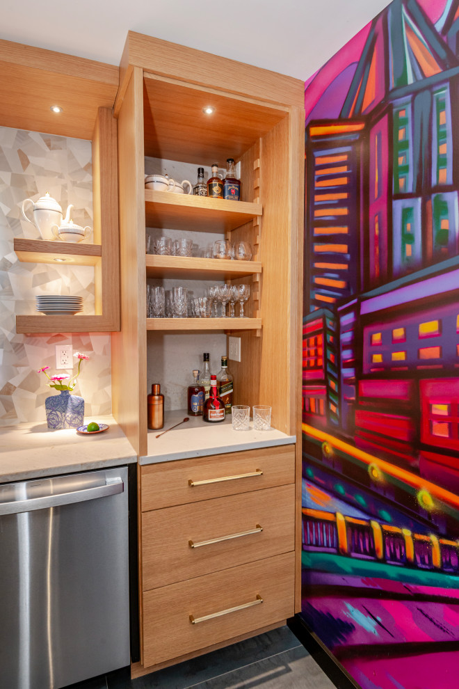 Eat-in kitchen - small transitional galley porcelain tile and gray floor eat-in kitchen idea with a single-bowl sink, shaker cabinets, quartzite countertops, multicolored backsplash, porcelain backsplash, stainless steel appliances, no island and beige countertops